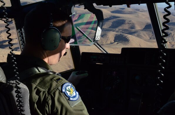 First Lt. Sean Jensen, 37th Airlift Squadron pilot, trains in combat airlift tactics above the Negev desert in Israel Feb. 4, 2013. The 86th Airlift Wing conducted a flying training deployment with the Israeli Air Force in order to strengthen partnerships and maintain readiness for contingency operations. (U.S. Air Force photo/2nd Lt. Kay M. Nissen) 