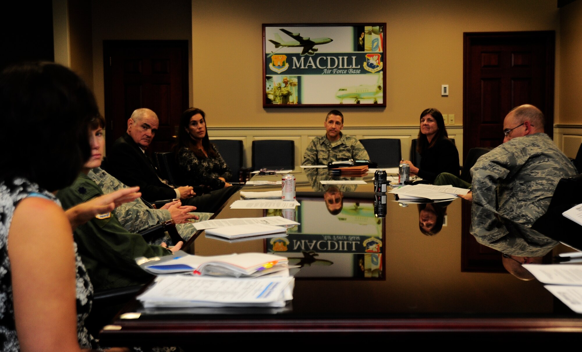 Col. Scott DeThomas, MacDill Air Force Base commander, meets with representatives from the Florida Department of Education, the Hillsborough County School District, MacDill group commanders, members from the Airman and Family Readiness Center and some key spouses Feb. 4, 2013 to formulate strategies to improve the working relationship between the base and the school district. (photo by Senior Airman Michael Ellis)