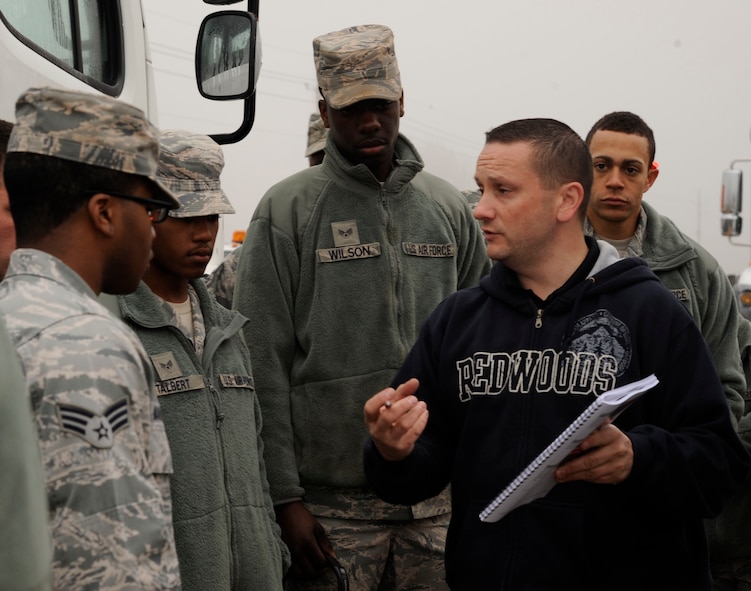 Jason Paas, Asphalt Zipper Company, instructs Airmen assigned to the 2nd Civil Engineer Squadron heavy repair section on the use of new equipment received on Barksdale Air Force Base, La., Feb. 6. The heavy repair section, also known as the "Dirt Boys", received a new piece of equipment called the Asphalt Zipper, which grinds down and strips worn pavement to form an even base for new pavement to be laid over. (U.S. Air Force photo/Airman 1st Class Andrew Moua)