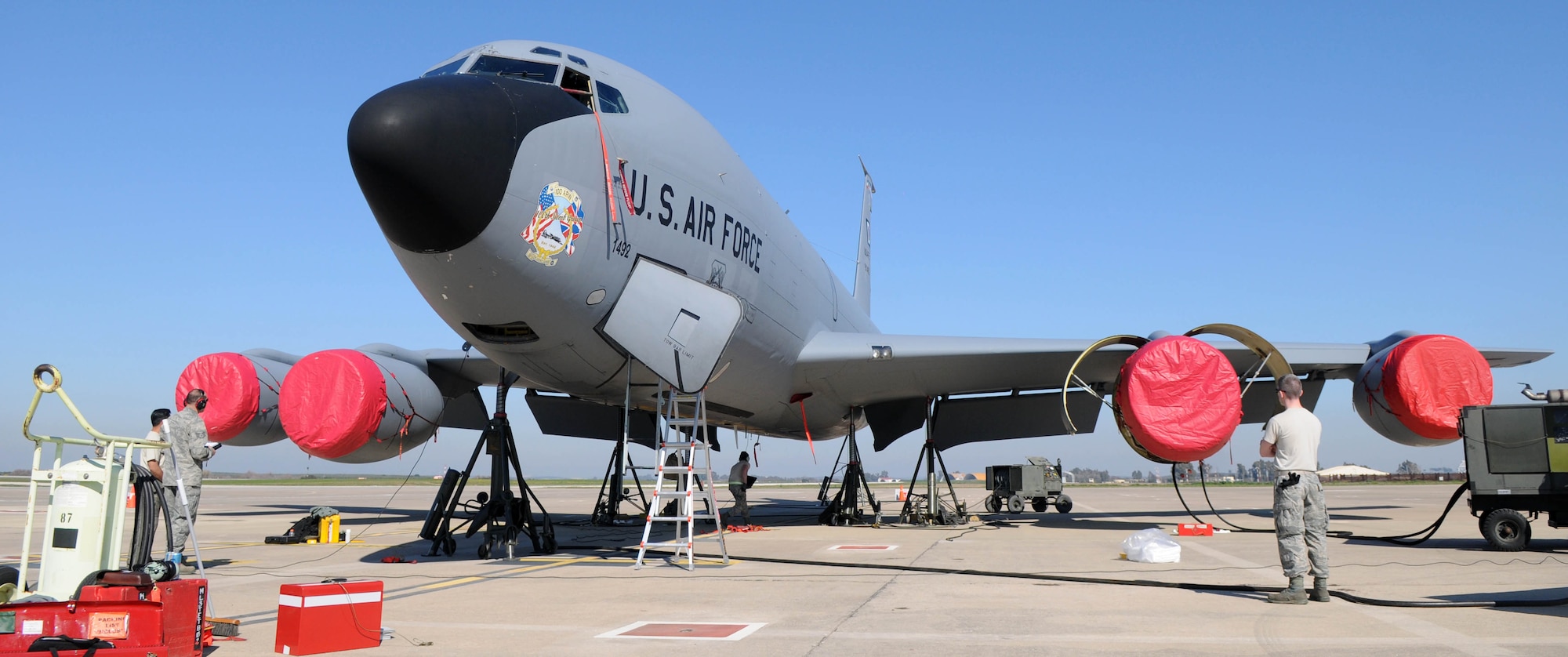 A KC-135 Stratotanker sits with its landing gear fully raised on hydraulic jacks Feb. 5, 2013, at an air base in southwest Europe. Jacks allow maintainers to conduct tests involving raising and lowering the aircraft’s landing gear. Airmen from RAF Mildenhall, England, deployed to southwest Europe in January to support French operations in Mali. (U.S. Air Force photo by Staff Sgt. Austin M. May)