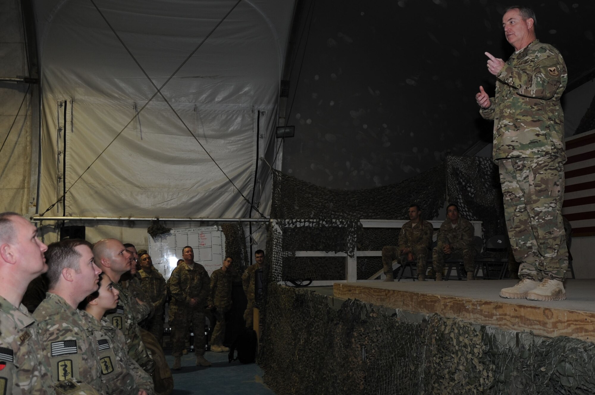 Air Force Chief of Staff Gen. Mark A. Welsh III speaks to the 455th Air Expeditionary Wing during an Airman's Call on Bagram Airfield, Afghanistan, Feb. 6, 2013. Welsh spoke on subjects ranging from budgetary concerns to the need for supervisors to learn more about the Airmen they lead. (U.S. Air Force photo/Staff Sgt. David Dobrydney)