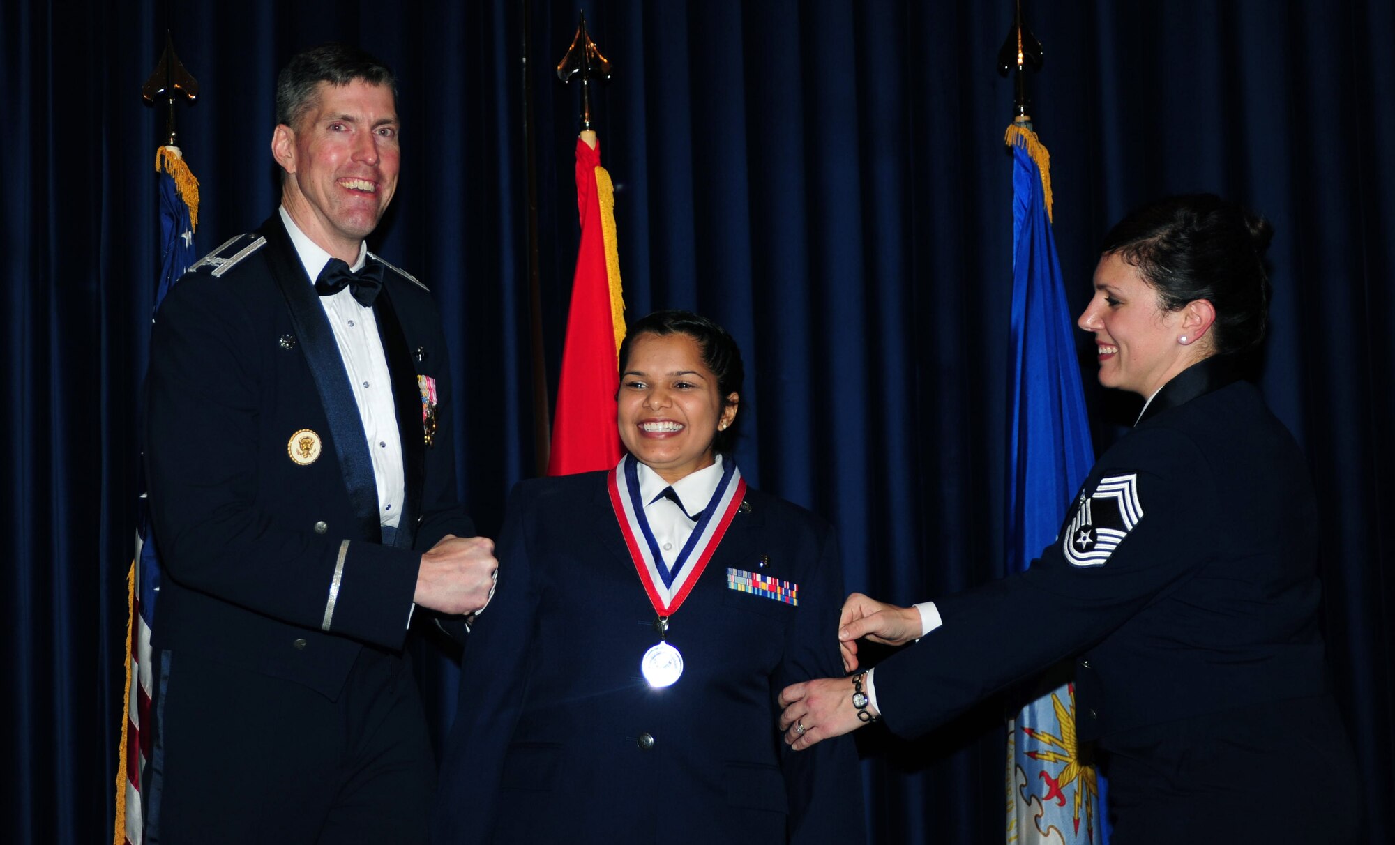 Senior Airman Soni Boose, 39th Medical Support Squadron, is promoted to staff sergeant immediately following the graduation ceremony of Airmen Leadership School Class 13-2 Feb. 7, 2013, at Incirlik Air Base, Turkey. Boose graduated with 10 other members of team Incirlik. (U.S. Air Force photo by Senior Airman Anthony Sanchelli/Released)