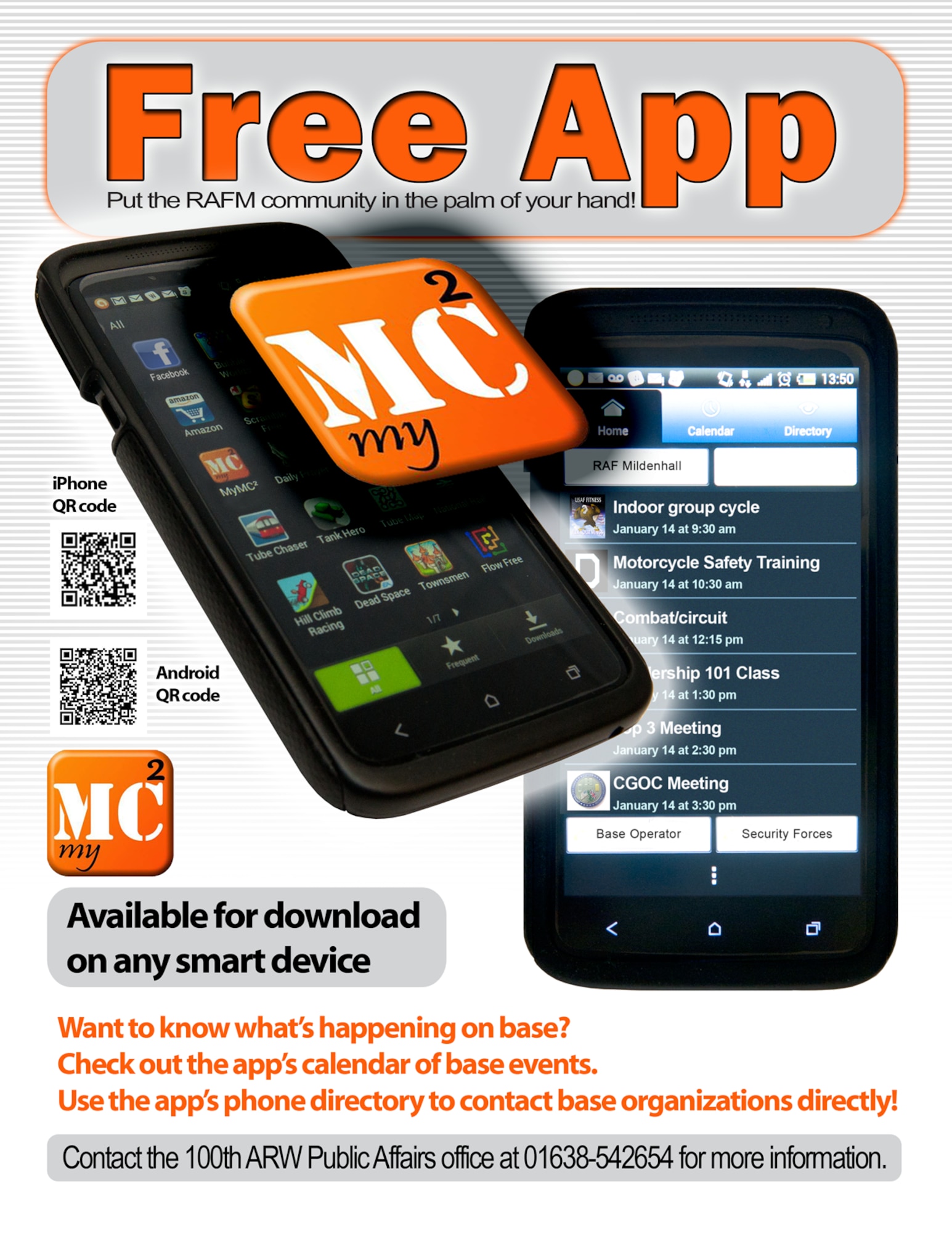 The MyMC2 app poster for the 100th Air Refueling Wing, RAF Mildenhall, England. MyMC2, which stands for My Military Communities, is a free mobile application available for download on smart devices through both the Google Play Store and Apple App Store.  (U.S. Air Force graphic by Gary Rogers)