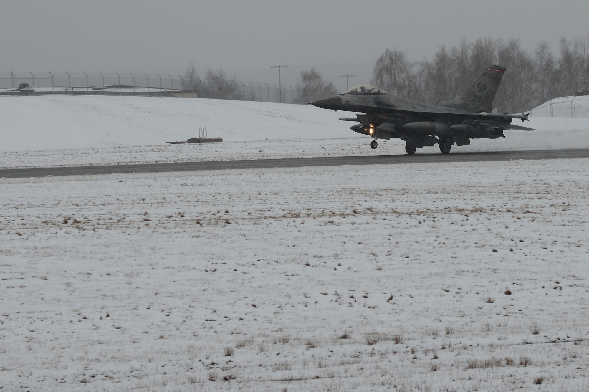 SPANGDAHLEM AIR BASE, Germany – An F-16 Fighting Falcon from the 480th Fighter Squadron lands on the runway here after returning from Red Flag Feb. 6, 2013. The 480th FS sent F-16s to participate in the Air Force wide exercise to prepare pilots for upcoming deployments. (U.S. Air Force photo by Senior Airman Dillon Davis/Released)