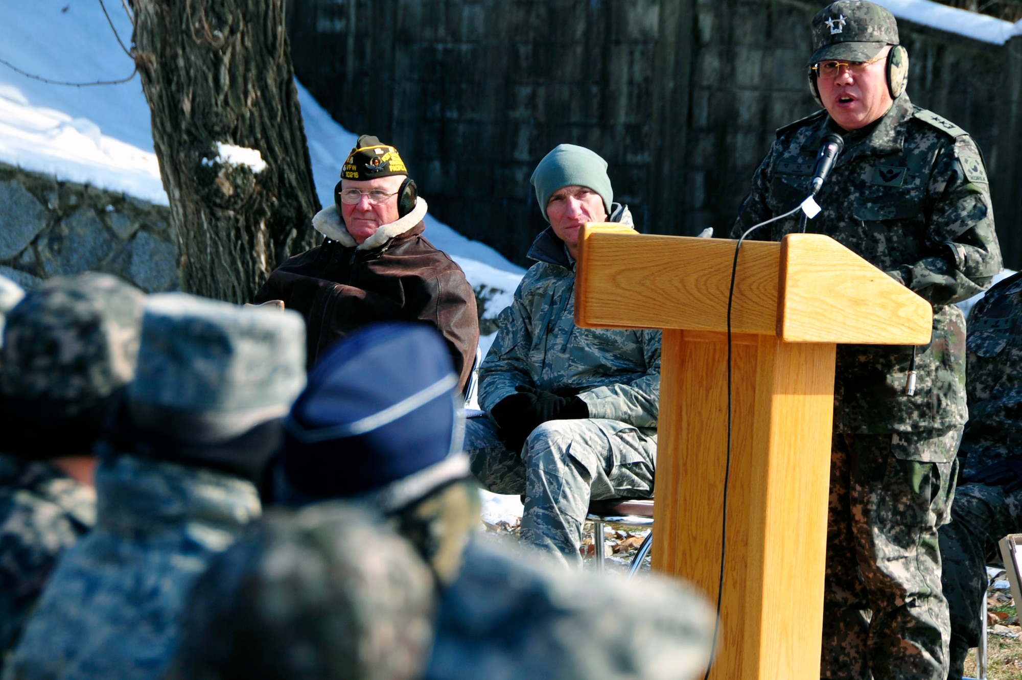 Maj. Gen. Chun, In-Bum, ROK/United States Combined Forces Command and deputy chief of staff of the Operation of Ground Component Command, speaks at the 62nd Anniversary of the Battle of Bayonet Hill Commemoration Ceremony Feb. 7, 2013, at the Hill 180 Site, Osan Air Base, and Republic of Korea.  The ceremony commemorated the bravery of the men who conquered the hill in a battle against the Chinese in 1951. (U.S. Air Force photo/Airman 1st Class Alexis Siekert)