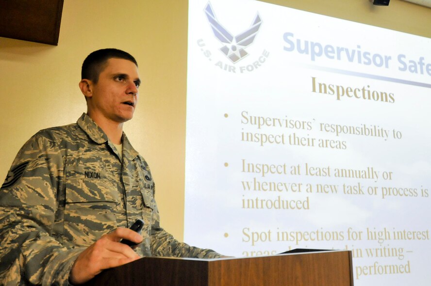 U.S. Air Force Tech. Sgt. Jeremy Nixon, 18th Wing Safety NCO in charge of mishap investigations, briefs a safety class on Kadena Air Base, Japan, Feb. 7, 2013. The ground safety team won the Pacific Air Forces Outstanding Achievement Award for Ground Safety Category 2 for their safety programs and initiatives in 2012. (U.S. Air Force photo/Staff Sgt. Darnell T. Cannady)