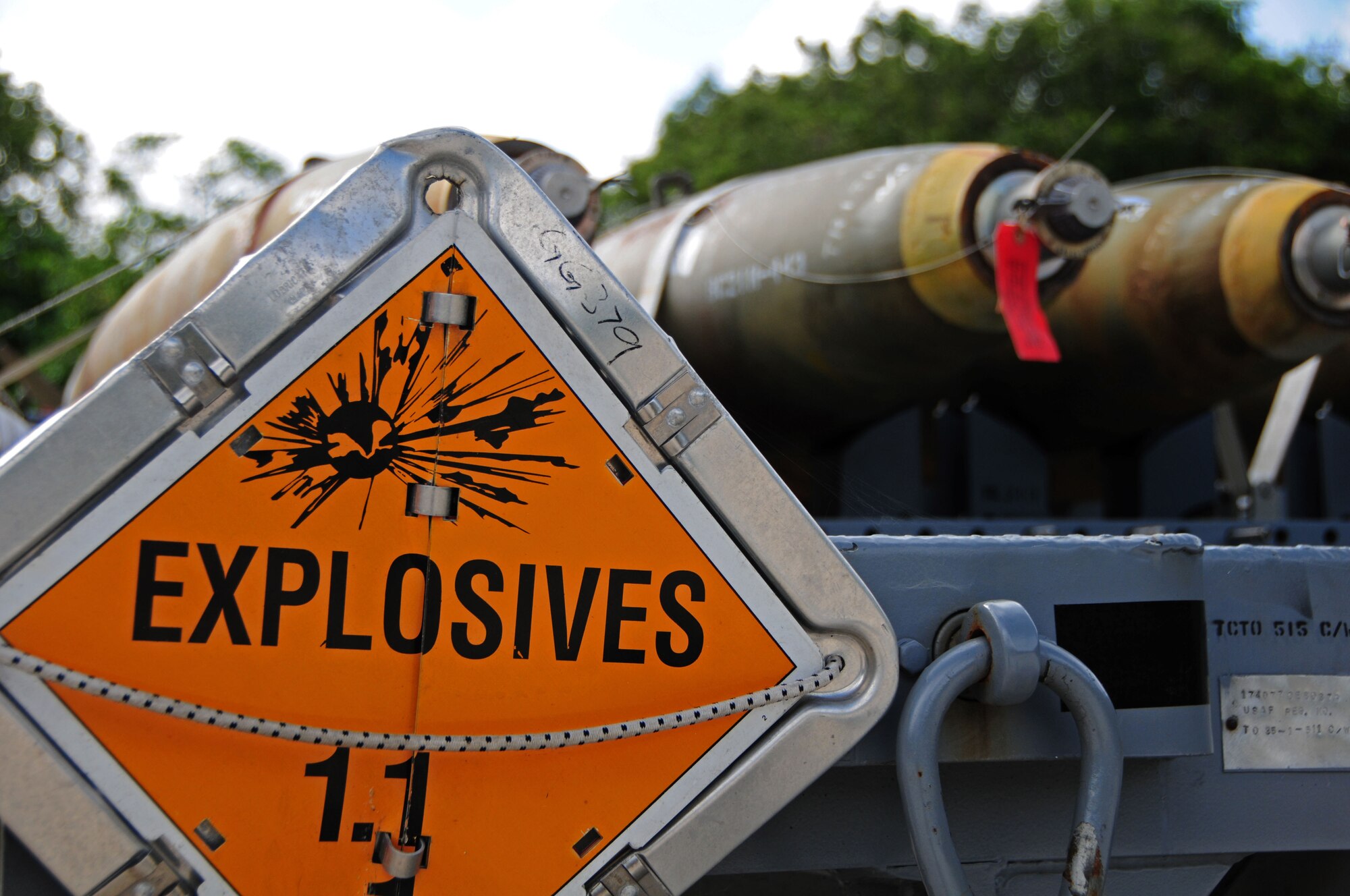 Bombs built by munitions Airmen from the 35th Maintenance Squadron, Misawa Air Base, Japan, are propped on labeled trailers at Andersen Air Force Base, Guam, Feb. 6, 2013. For approximately two and a half weeks, Misawa Airmen integrated with the 36th Munitions Squadron in support of the 35th Fighter Wing’s F-16 Fighting Falcons. (U.S. Air Force photo by Airman 1st Class Marianique Santos/Released)