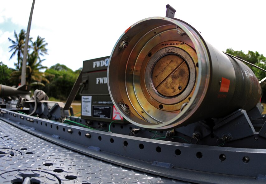 Parts of a laser-guided missile built by munitions Airmen from the 35th Maintenance Squadron, Misawa Air Base, Japan, are propped on trailers at Andersen Air Force Base, Guam, Feb. 6, 2013. For approximately two and a half weeks, Misawa Airmen integrated with the 36th Munitions Squadron in support of the 35th Fighter Wing’s F-16 Fighting Falcons. (U.S. Air Force photo by Airman 1st Class Marianique Santos/Released)