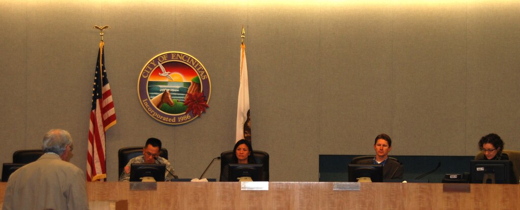 During the Encinitas public meeting, several speakers provided comments to (from left) Col. Mark Toy, Susie Ming, David Van Dorpe and Dr. Josephine Axt about aspects of the proposed coastal storm damage reduction project.