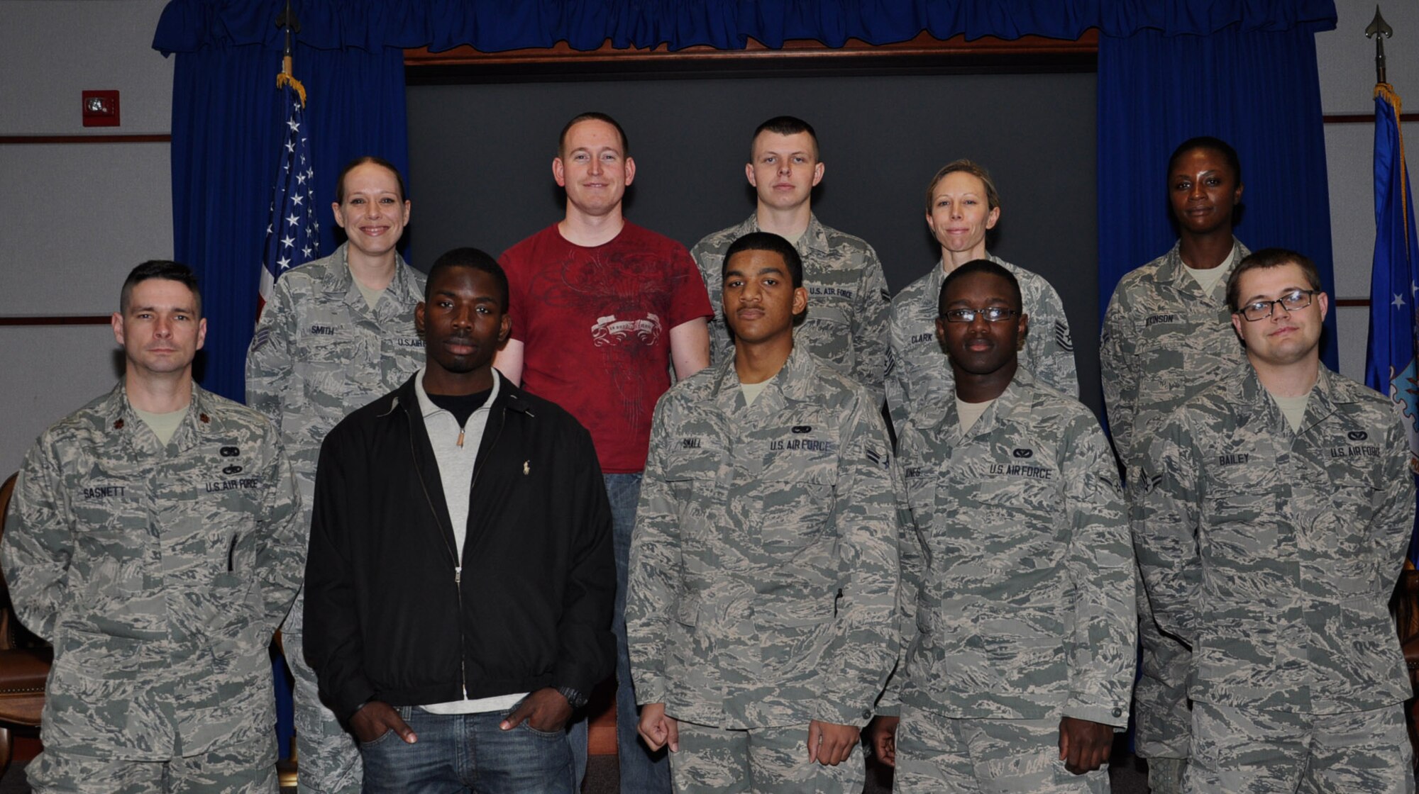 The 931st Air Refueling Group welcomed newcomers to the unit during the unit training assembly, Feb. 9. Pictured left to right (front row): Maj. Quinto Sasnett, Senior Airman Tadriaun Logan, Airman 1st Class Shaun Small, Airman Jalen Jones, Airman 1st Class Daniel Bailey. Second row (left to right): Staff Sgt. Kellie Smith, Senior Airman Mitchell Gardner, Airman 1st Class Richard Mixon, Tech. Sgt. Valerie Clark, and Airman 1st Class Dereka Atkinson. (Air Force photo by Master Sgt. Brannen Parrish)