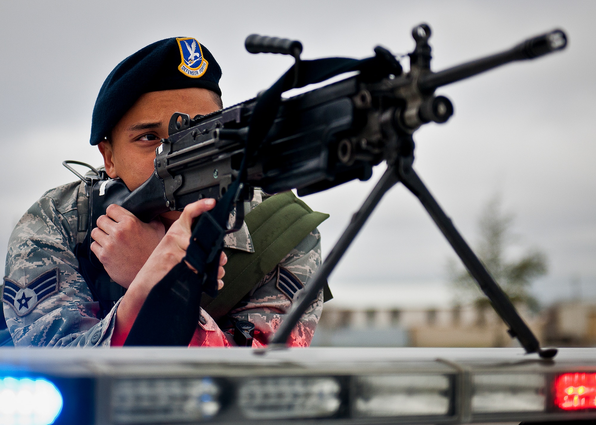An Airman with the 96th Security Forces Squadron keeps his weapon at the ready during an active shooter exercise at Eglin Air Force Base, Feb. 6.  The Airmen entered the building to apprehend the suspect, assess the wounded and report back information to the emergency responders.  (U.S. Air Force photo/Samuel King Jr.)