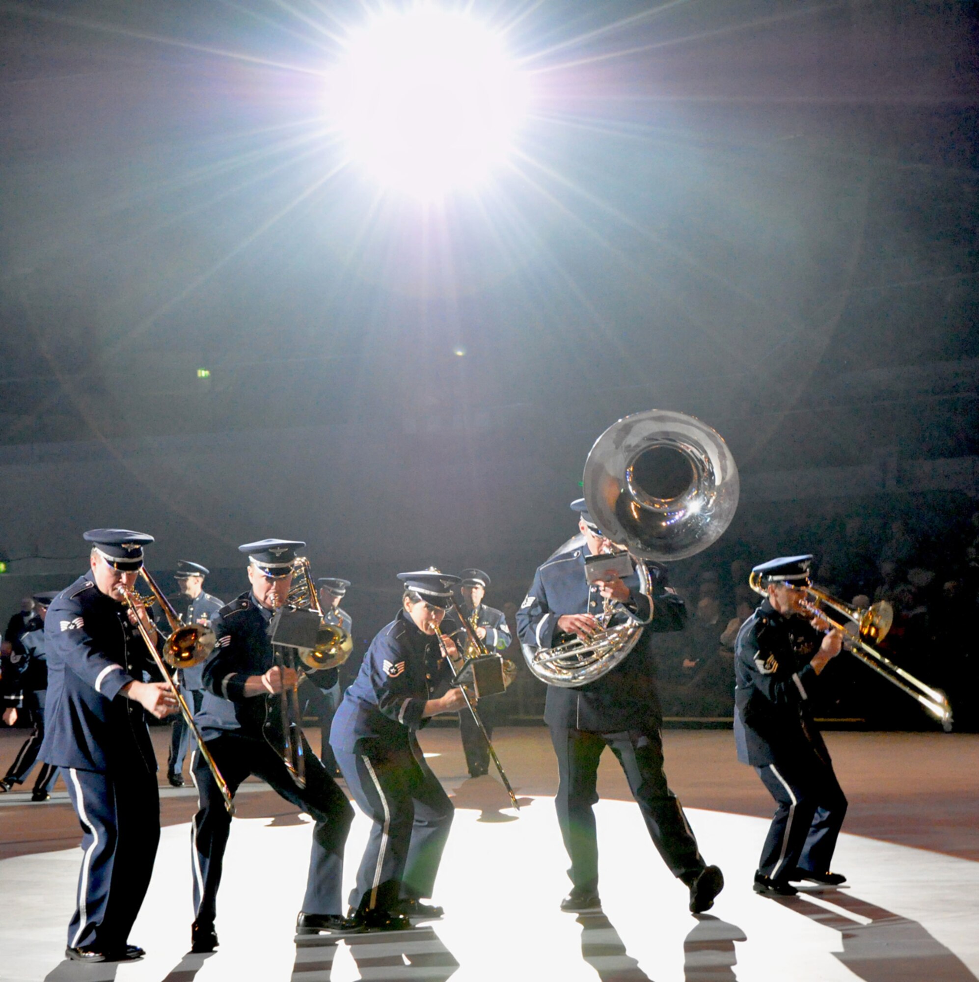 Members of the U.S. Air Forces in Europe Band perform during the Music Show of the Nations at the OVB Arena in Bremen, Germany Jan. 23 – 27. The focus of the five-day festival is remembering veterans of all nations that fought in World War I and World War II.  U.S. Air Force Courtesy Photo/Released