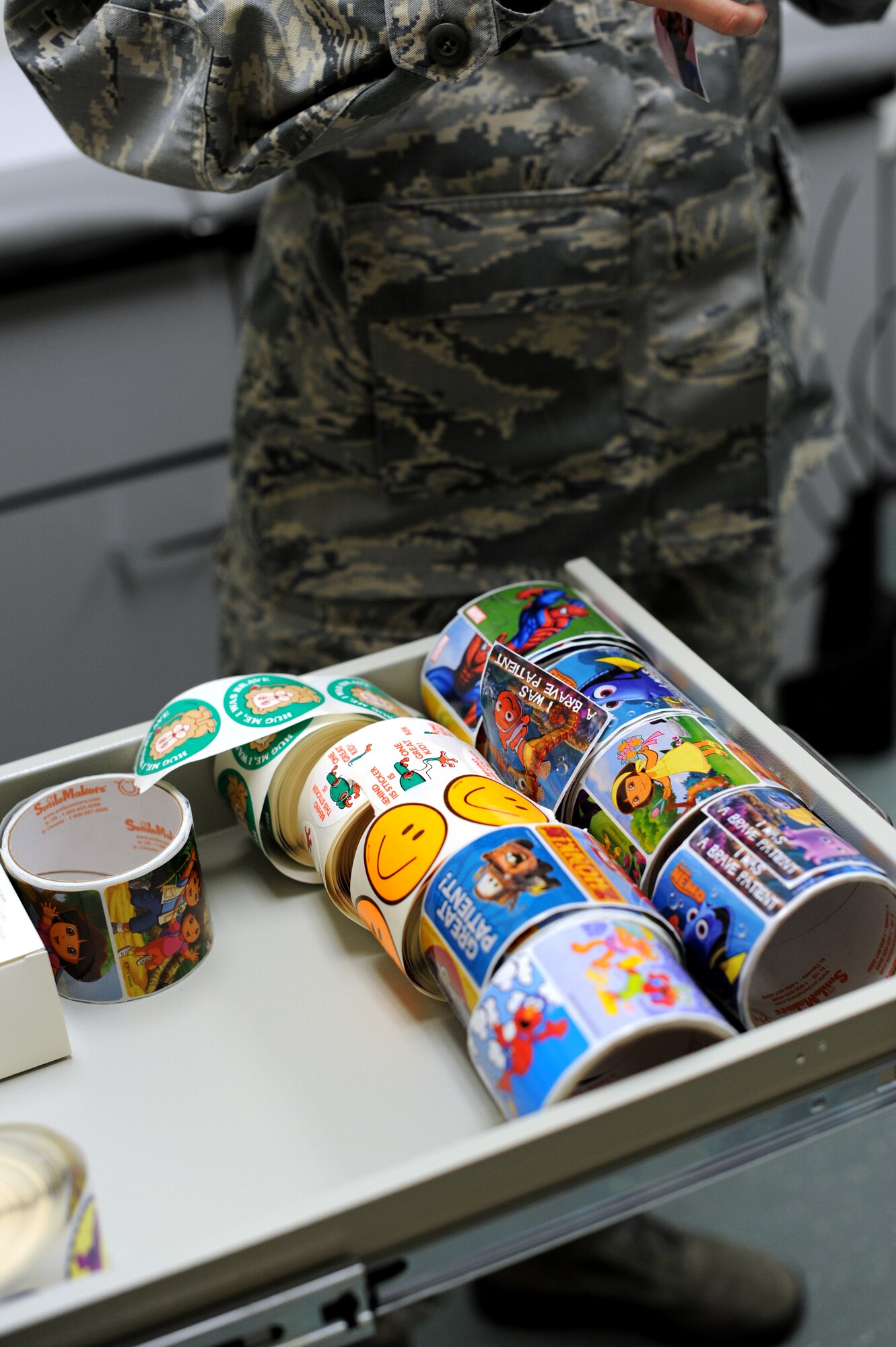 YOKOTA AIR BASE, Japan -- Colorful stickers are given to the children once they complete their appointments at the pediatric clinic at Yokota Air Base, Japan. A recent clinic renovation enabled much-needed facility upgrades. Part of the modernization also included new supplies to accommodate patients.  (U.S. Air Force photo by Airman 1st Class Meagan Schutter)