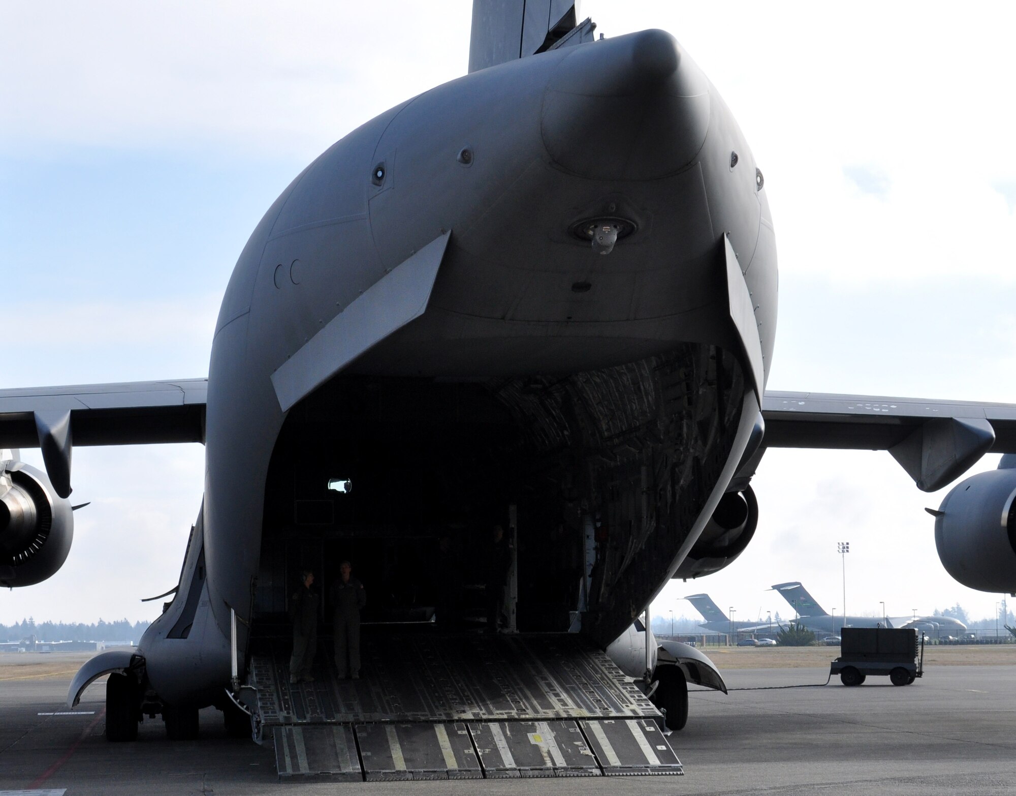 Airmen from the 446th Aeromedical Evacuation Squadron and the 446th Aeromedical Staging Squadron prepare to demonstrate a scenario of carrying a victim from a vehicle onto an aircraft Feb. 9 at Hangar 12. They are demonstrating the scenario to show leadership the type of hands-on training they will be able to accomplish because of ASTS' new location. (U.S. Air Force Photo/Airman 1st Class Madelyn McCullough)
