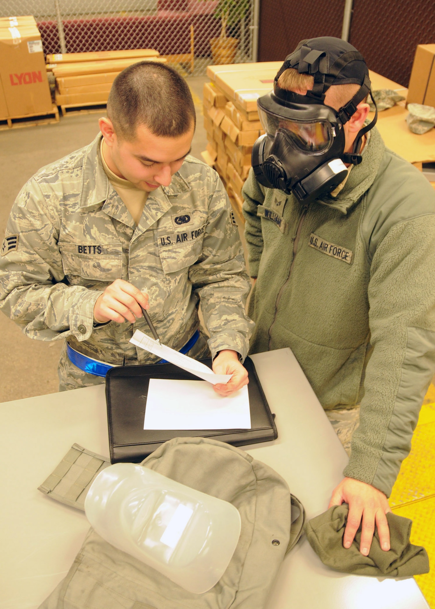 The wing's LRS is in the process of handing out new gas masks to wing personnel that make for easier breathing, more comfortable wear and better communication. (U.S. Air Force photo/Staff Sgt. Heather Skinkle)