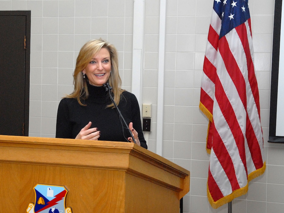 Sharlene Wells-Hawkes delivered a motivational speech to Guardmembers during the 5th Annual Interfaith Devotional at the Utah Air National Guard Base Feb. 10. During her speech, “Building and Sustaining Faith,” Hawkes illustrated the similarities between faith and military training. Among her many accomplishments, Hawkes is a motivational speaker, published author, former sports reporter and former Miss America 1985. (U.S. Air Force photo by Staff Sgt. Lillian Harnden)(RELEASED)
