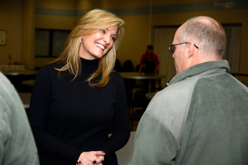 Sharlene Wells-Hawkes interacted with Guardmembers after delivering a motivational speech during the 5th Annual Interfaith Devotional at the Utah Air National Guard Base Feb. 10. During her speech, “Building and Sustaining Faith,” Hawkes illustrated the similarities between faith and military training. Among her many accomplishments, Hawkes is a motivational speaker, published author, former sports reporter and former Miss America 1985. (U.S. Air Force photo by Tech. Sgt. Kelly Collett)(RELEASED)
