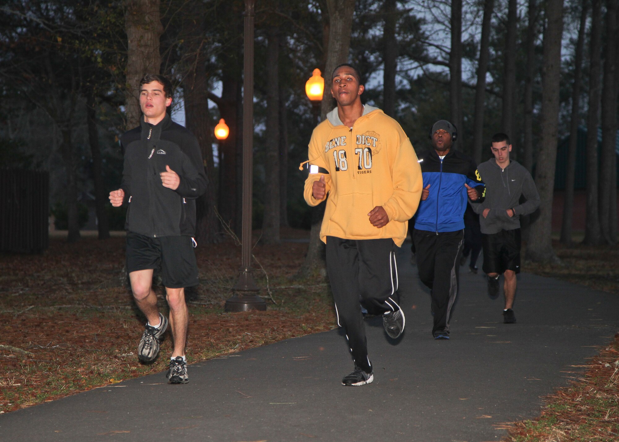 315th Airlift Wing commander Col. James Fontanella trains with the wing's developmental training flight today on the McCombs running path here at Joint Base Charleston, S.C. Fontanella took part in the run in an effort to encourage the trai...nee's as they prepared for the physical training demands they will face when they arrive at basic military training at Lackland Air Force Base in San Antonio. The developmental training flight trains future airmen, who have enlisted and are awaiting placement in BMT, in customs and courtesies, Air Force traditions as well as physical training. The goal of the DTF program is to increase the success rate of new members entering BMT and to prepare the them for life as reservists. (U.S. Air Force photo's by Staff Sgt. Rashard Coaxum/released)