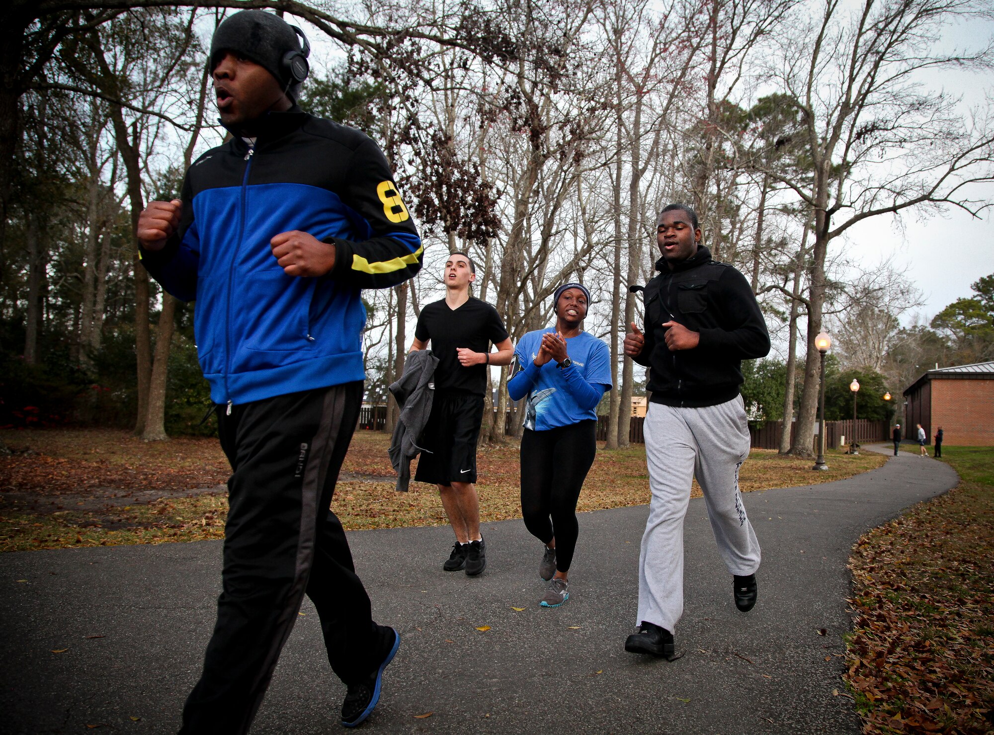 315th Airlift Wing commander Col. James Fontanella trains with the wing's developmental training flight today on the McCombs running path here at Joint Base Charleston, S.C. Fontanella took part in the run in an effort to encourage the trai...nee's as they prepared for the physical training demands they will face when they arrive at basic military training at Lackland Air Force Base in San Antonio. The developmental training flight trains future airmen, who have enlisted and are awaiting placement in BMT, in customs and courtesies, Air Force traditions as well as physical training. The goal of the DTF program is to increase the success rate of new members entering BMT and to prepare the them for life as reservists. (U.S. Air Force photo's by Staff Sgt. Rashard Coaxum/released)