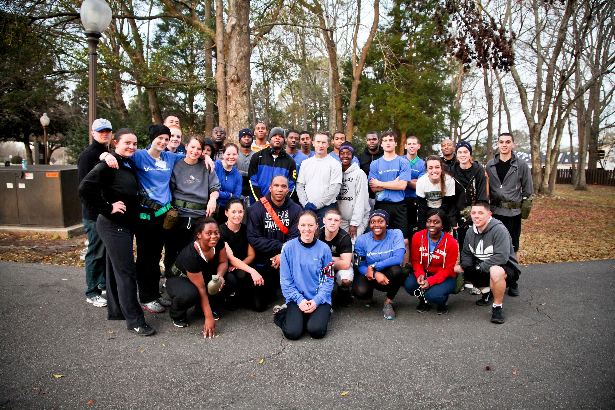 315th Airlift Wing commander Col. James Fontanella trains with the wing's developmental training flight today on the McCombs running path here at Joint Base Charleston, S.C. Fontanella took part in the run in an effort to encourage the trai...nee's as they prepared for the physical training demands they will face when they arrive at basic military training at Lackland Air Force Base in San Antonio. The developmental training flight trains future airmen, who have enlisted and are awaiting placement in BMT, in customs and courtesies, Air Force traditions as well as physical training. The goal of the DTF program is to increase the success rate of new members entering BMT and to prepare the them for life as reservists. (U.S. Air Force photo's by Staff Sgt. Rashard Coaxum/released)