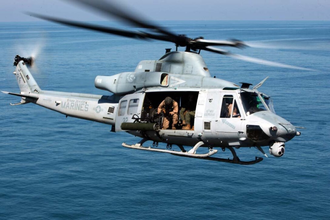 An UH-1Y Huey with Marine Medium Helicopter Squadron 364 (Rein), 15th Marine Expeditionary Unit, provides aerial security for the Maritime Raid Force, 15th MEU, during gas and oil platform seizure training during Exercise Leading Edge 13, Feb. 7.  The exercise is a multinational and interagency supported exercise designed to develop and refine weapons integration capabilities among partnering nations including suspect maritime material inspections, seizure and disposition.  The 15th MEU is deployed as part of the Peleliu Amphibious Ready Group as a U.S. Central Command theatre reserve force, providing support for maritime security operations and theatre security cooperation efforts in the U.S. 5th Fleet area of responsibility.(U.S. Marine Corps photo by Cpl. Danny L. Shaffer II/Released)