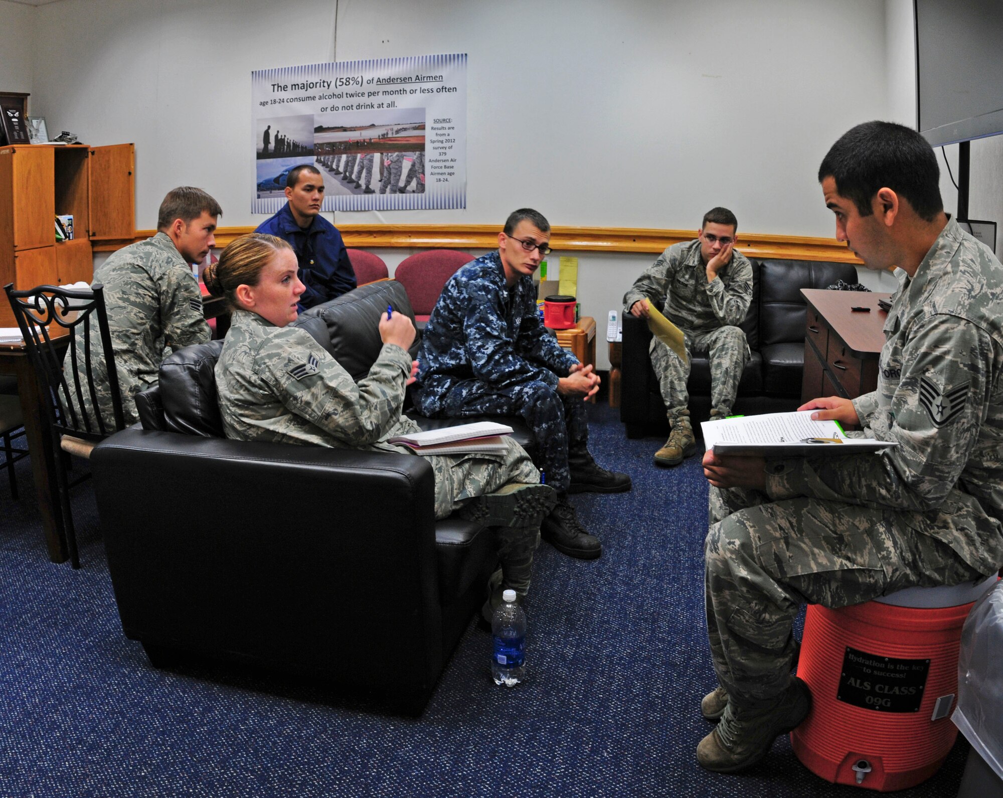 Students from the Airman Leadership School conduct a study group in the ALS break room at Andersen Air Force Base, Guam, Feb 7, 2013. ALS prepares and trains future NCOs for increased responsibilities and is one of many professional military education courses in the Air Force. (U.S. Air Force photo by Airman 1st Class Marianique Santos/Released)