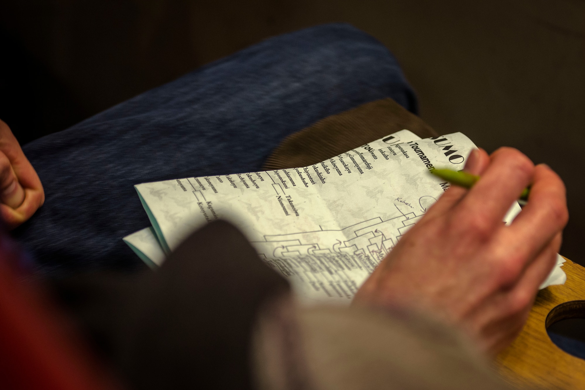 YOKOTA AIR BASE,Japan -- A Yokota Air Base resident keeps track of Sumo bouts on his roster during the Grand Sumo Tournament at the Ryogoku Kokugikan Sumo Hall in Tokyo, Feb. 10, 2013. Being stationed at Yokota Air Base offers Airmen the chance to engage with the Japanese community and enjoy Japanese culture. (U.S. Air Force photo by Capt. Raymond Geoffroy)