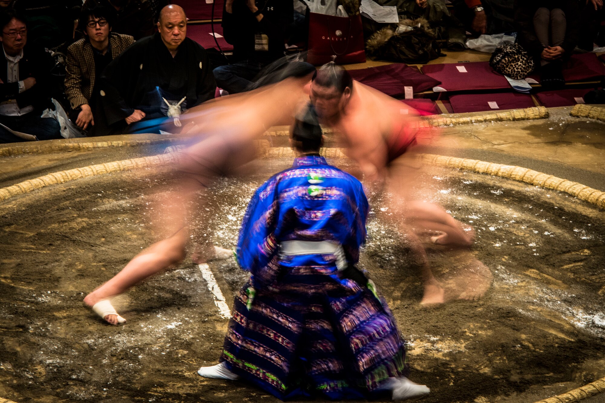 YOKOTA AIR BASE,Japan--Two Sumo wrestlers collide during the Grand Sumo Tournament at the Ryogoku Kokugikan Sumo Hall in Tokyo, Feb. 10, 2013. Being stationed at Yokota Air Base offers Airmen the chance to engage with the Japanese community and enjoy Japanese culture. (U.S. Air Force photo by Capt. Raymond Geoffroy)