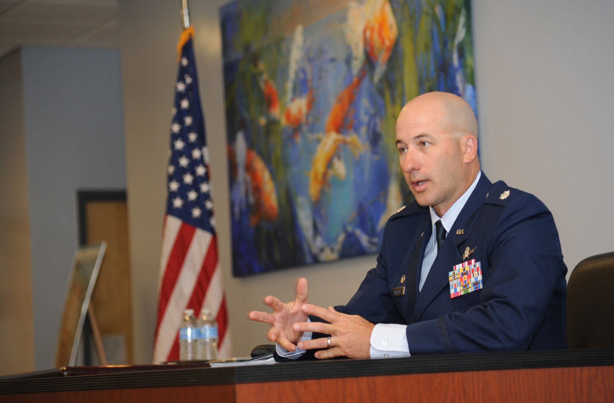 Lt. Col. Paul Griffin, 336th Training Squadron commander, serves as the summary court officer during a summary court martial Feb. 8, 2013, at the Levitow Training Support Facility, Keesler Air Force Base, Miss.  Mobile summary courts martial set an example for new Airmen about consequences of their actions by quickly imposing good order and discipline.  (U.S. Air Force photo by Kemberly Groue)