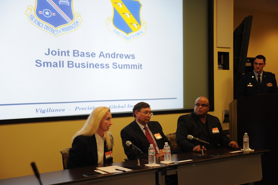 Lt. Col. Christopher Kay, 11th Wing Contracting Office commander, presides over discussions at Business Summit 2013 in the Jacob A. Smart building Joint Base Andrews, Md., on Feb. 5. The summit provides the community with an opportunity for contractor/vendor outreach and networking with contracting officials from both the Air Force District of Washington and the 11th Wing Contracting Squadron. (U.S. Air Force photo/ Staff Sgt. Amber Russell)