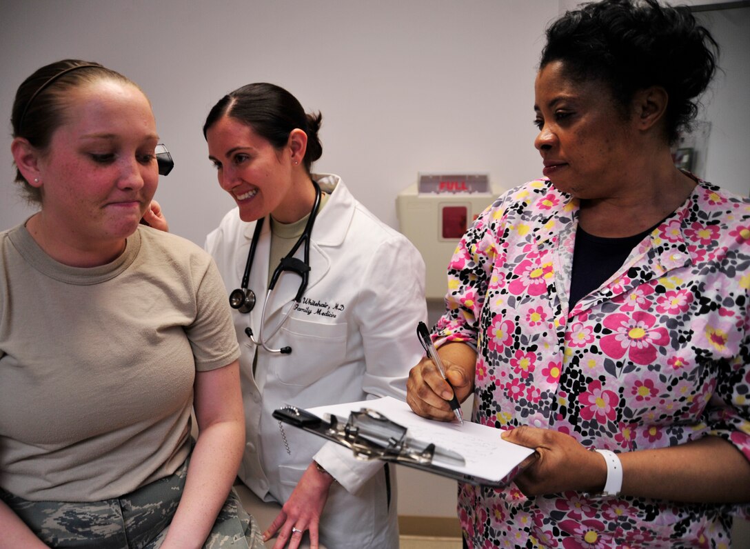 Capt. Brea Whitehair, 779th Medical Group family medicine physician, and Nwatu Uloma, 779 MDG family health clinic registered nurse, simulate examining Airman 1st Class Audra Smith, 779 MDG family health technician, on Feb.7, 2013 on Joint Base Andrews, Md. The 779 MDG received recognition from the Patient-Centered Medical Home 2011 Program for their expertise in quality patient care. (U.S. Air Force photo/ Airman 1st Class Erin O’Shea)    