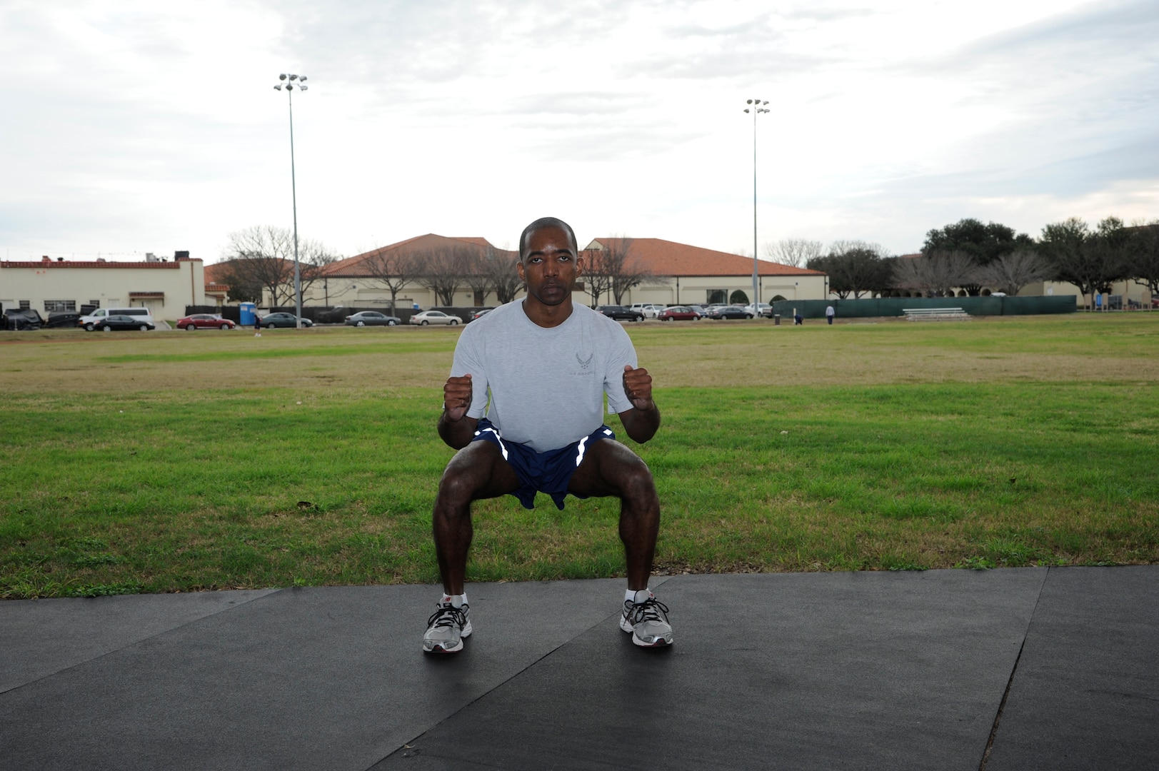 The down phase (or starting position) of a deep squat jump for