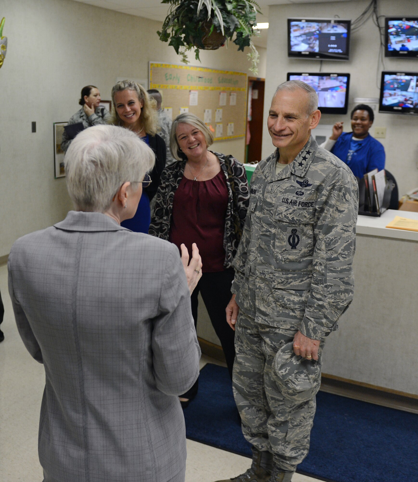 Betsy Welch, Child Development Center chief of child development programs, briefs Lt. Gen. James Kowalski, Air Force Global Strike Command commander, on the CDC's expansion on Barksdale Air Force Base, La., Feb. 8. The expansion opened eight classrooms for 142 children. (U.S. Air Force photo/Senior Airman Micaiah Anthony)