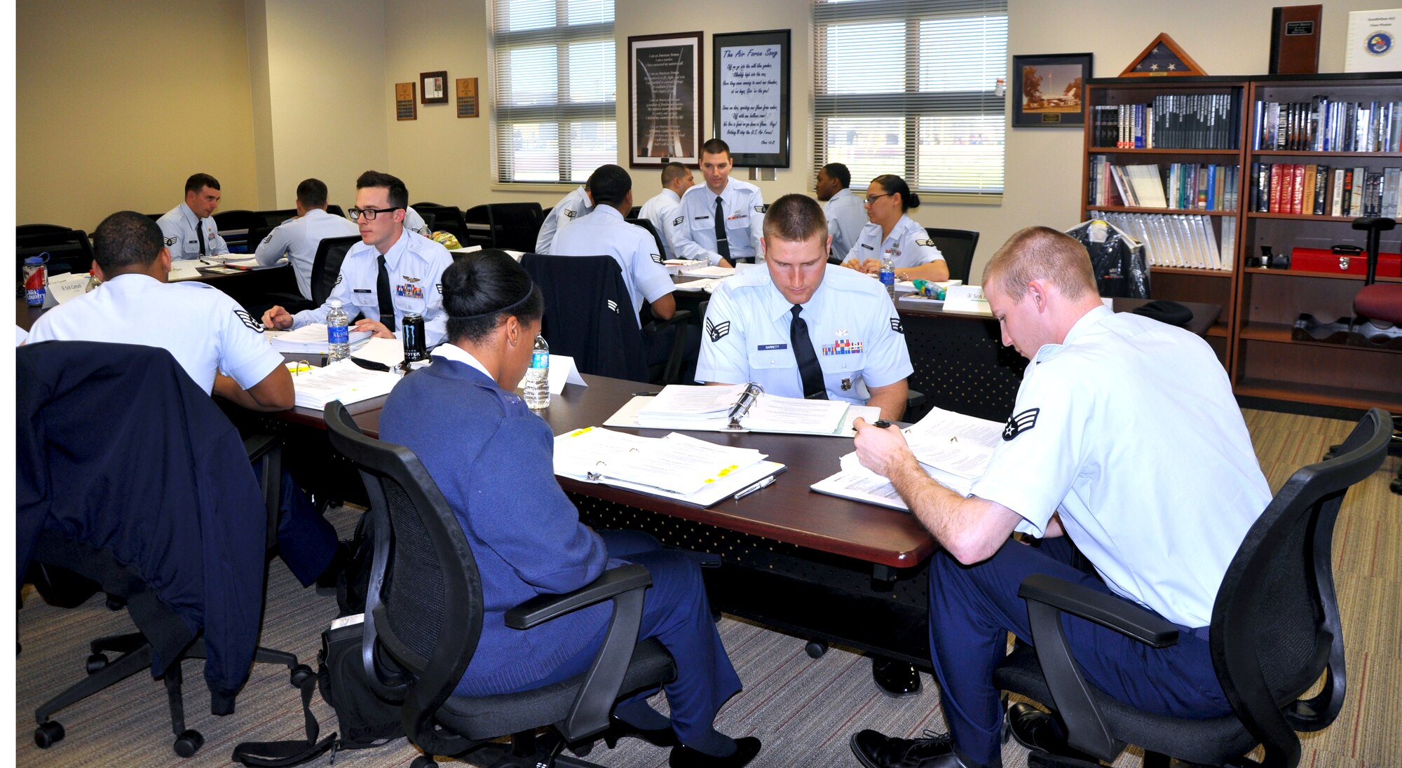 GOODFELLOW AIR FORCE BASE, Texas - Students study in the new Airman Leadership school classroom, located in the Combined Learning Center building here, Feb. 4. The new classroom offers more learning tools in an aesthetically pleasing environment. (U.S. Air Force photo/ 1st Lt. Leanne Hedgepeth)
