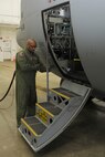 Senior Master Sgt. Charles Walker performs a dash one preflight inspection on a C-130H Hercules aircraft here, Feb. 3, 2013. SMSgt Walker is a Flight Engineer for the 773rd Airlift Squadron, Youngstown Air Reserve Station, Ohio. U.S. Air Force photo by Technical Sgt. James Brock