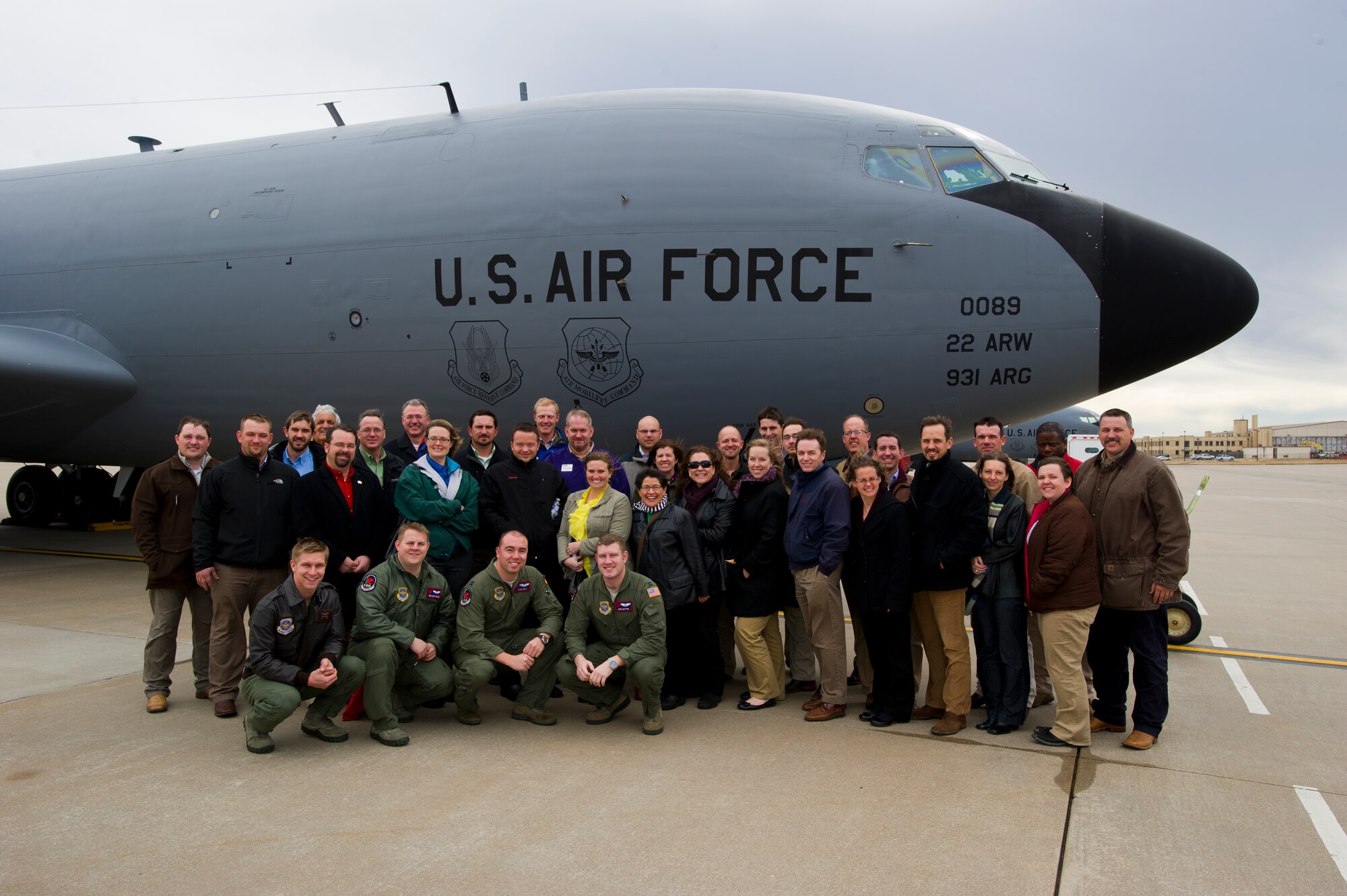 McConnell aircrew pose for a photo with Kansas Agriculture and Rural Leadership members after an orientation flight to view McConnell’s mission Feb. 2, 2013, McConnell Air Force Base, Kan. The KARL program is a non-profit, educational organization dedicated to developing leaders for agriculture, business and rural communities. (U.S. Air Force photo/Senior Airman Armando A. Schwier-Morales)