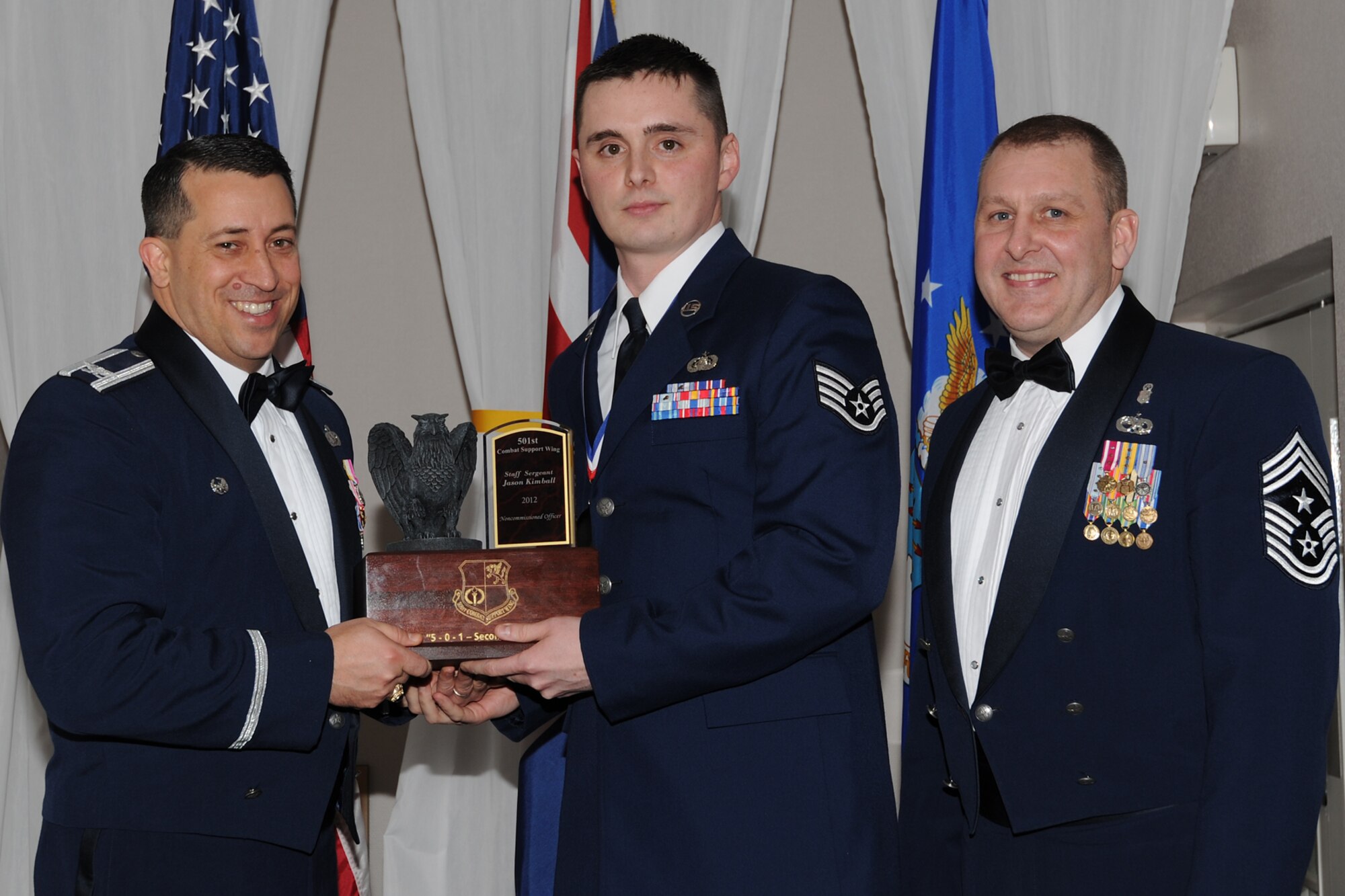 RAF CROUGHTON, United Kingdom – Staff Sgt. Jason Kimball, 422nd Communications Squadron, was named the 501st Combat Support Wing’s NCO of the Year during the 501st CSW Annual Awards at RAF Croughton Feb. 8. Kimball was identified as USAFE's system expert when he created and directed the major command's secure video teleconference plan. During this time, he linked 114 bases with zero downtime. (U.S. Air Force photo by Tech. Sgt. Chrissy Best)