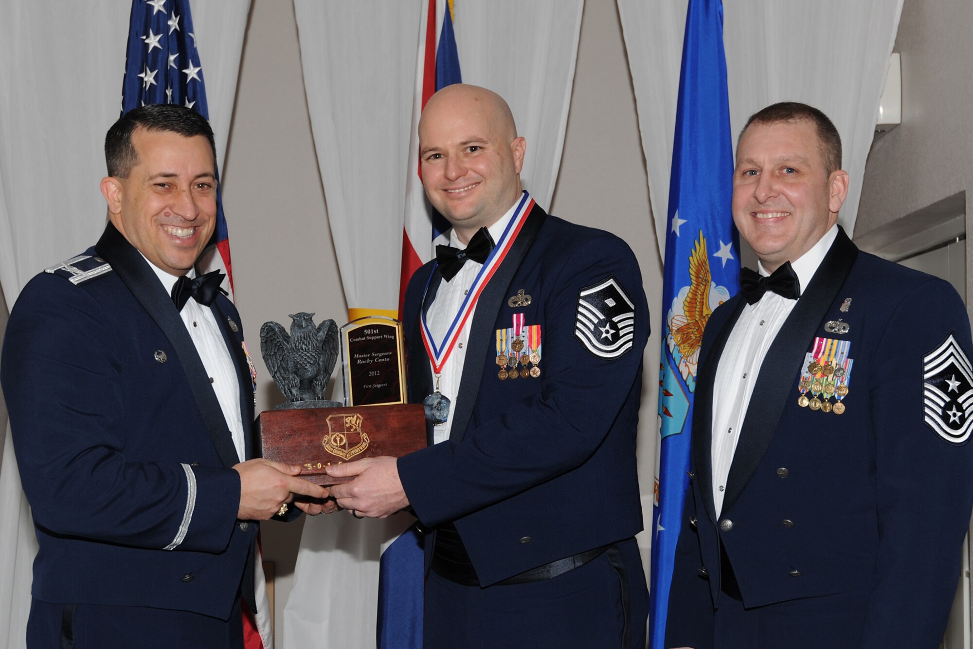 RAF CROUGHTON, United Kingdom – Master Sgt. Rocky Casto, 423rd Air Base Group, was named the 501st Combat Support Wing’s First Sergeant of the Year during the 501st CSW Annual Awards at RAF Croughton Feb. 8. Casto trained and mentored two members on the first sergeant special duty; both were then selected to attend the First Sergeant Academy. He also led the Angel Tree program, which supported 58 children during Christmas. (U.S. Air Force photo by Tech. Sgt. Chrissy Best)
