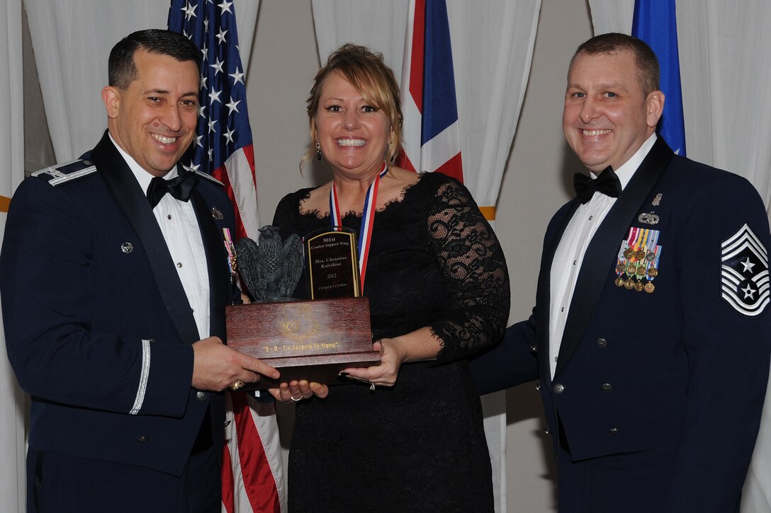 RAF CROUGHTON, United Kingdom - Christine Kaleikini, 423rd Force Support Squadron, was named the 501st Combat Support Wing’s Civilian Category II of the Year during the 501st CSW Annual Awards at RAF Croughton Feb. 8. In 2012, Kaleikini, from Lewiston, Idaho, stood out among the community when she improved the health and welfare of more than 500 children at Royal Air Force Alconbury. She organized the American Kids Run event for 230 children and rallied another 290 children to support the London Olympics by attending Michelle Obama's "Let's Move" kick-off event. Kaleikini's Youth Center team was also recognized as the major command's Youth Program of the Year. (U.S. Air Force photo by Tech. Sgt. Chrissy Best)