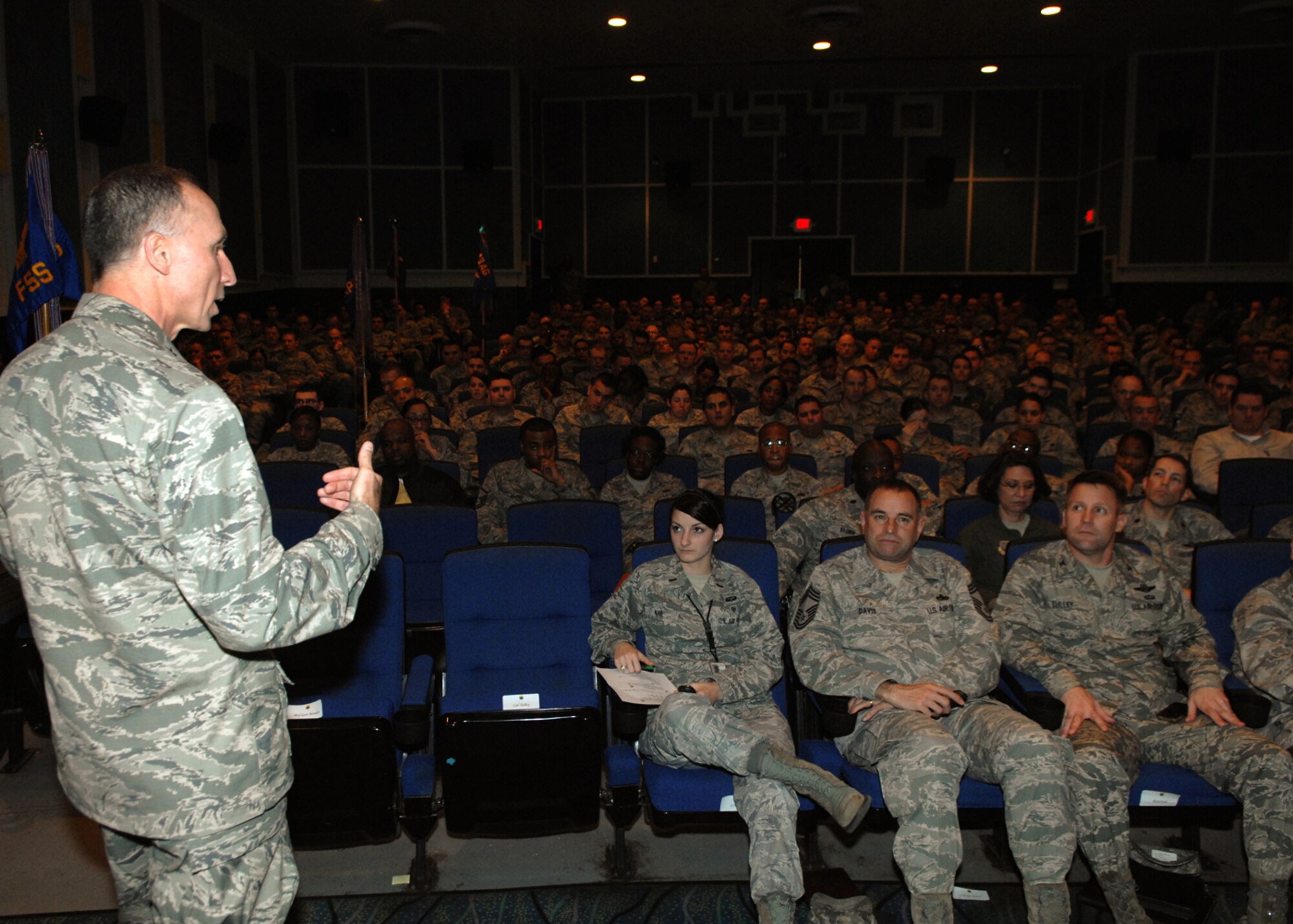Maj. Gen. William Bender, U.S. Air Force Expeditionary Center commander, conducts a 43rd Airlift Group Airmen "All Call" during his visit to Pope Army Airfield, N.C., Feb. 8, 2103.   Maj. Gen. Bender, along with his command chief, Chief Master Sgt. Jeffrey Cui, toured 43rd AG facilities, received mission briefings, conducted an "All Call" and served as the guest speaker for the group's annual awards banquet. 