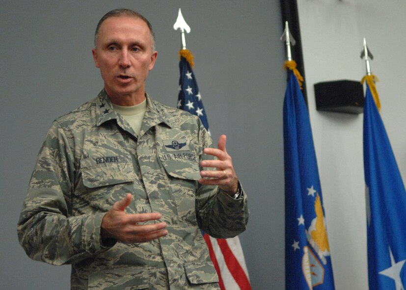 Maj. Gen. William Bender, U.S. Air Force Expeditionary Center commander, briefs 43rd Airlift Group company grade officers during his visit to Pope Army Airfield, N.C., Feb. 8, 2103.  Maj. Gen. Bender along with his command chief, Chief Master Sgt. Jeffrey Cui, toured 43rd AG facilities, received mission briefings, conducted an "All Call" and served as the guest speaker for the group's annual awards banquet.