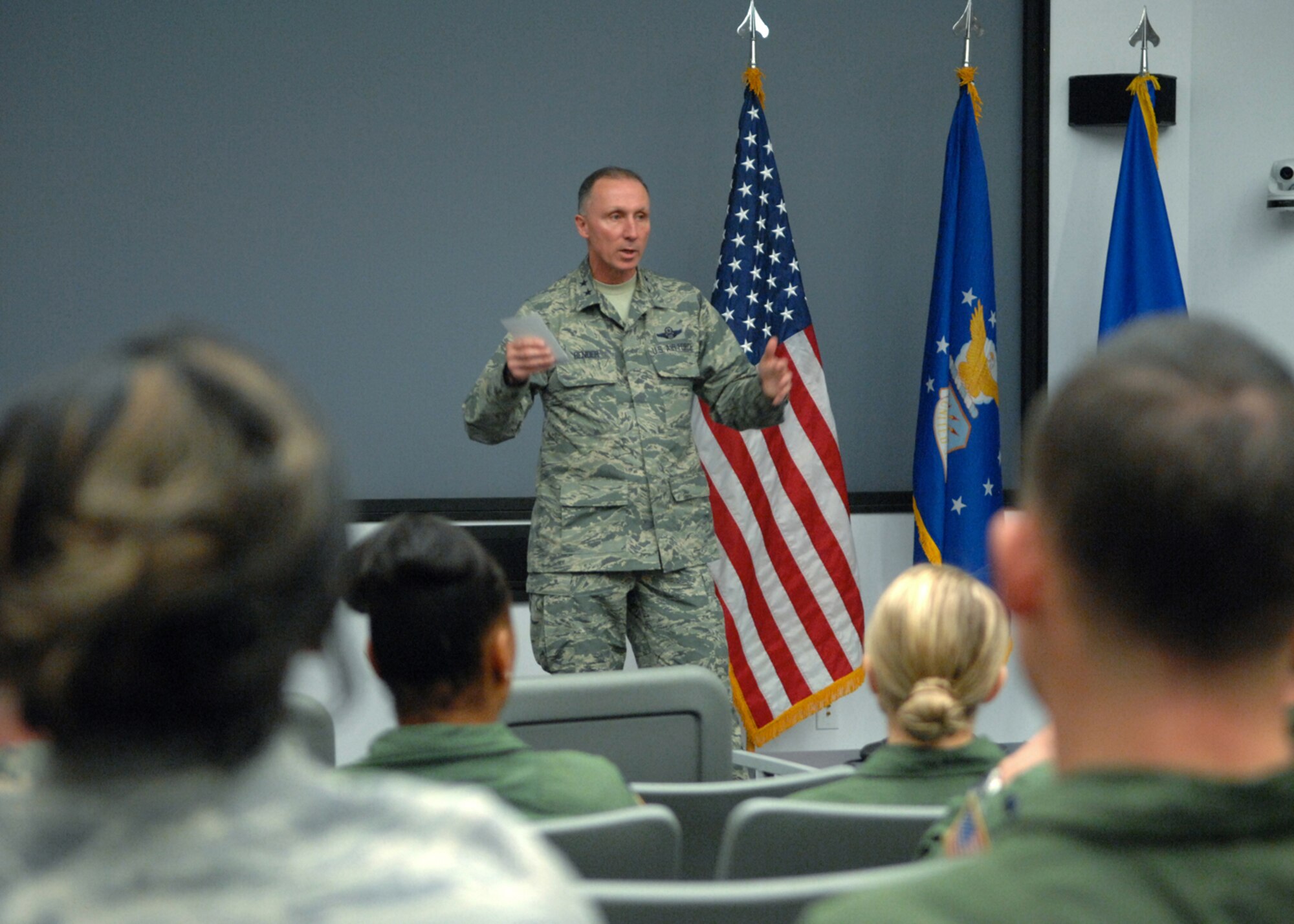 Maj. Gen. William Bender, U.S. Air Force Expeditionary Center commander, conducts an "All Call" with the 43rd Airlift Group's company grade officers during his visit to Pope Army Airfield, N.C. on Feb 8, 2013.  Maj. Gen. Bender along with his command chief, Chief Master Sgt. Jeffrey Cui, toured 43rd AG facilities, received mission briefings, conducted an "All Call" and served as the guest speaker for the group's annual awards banquet.