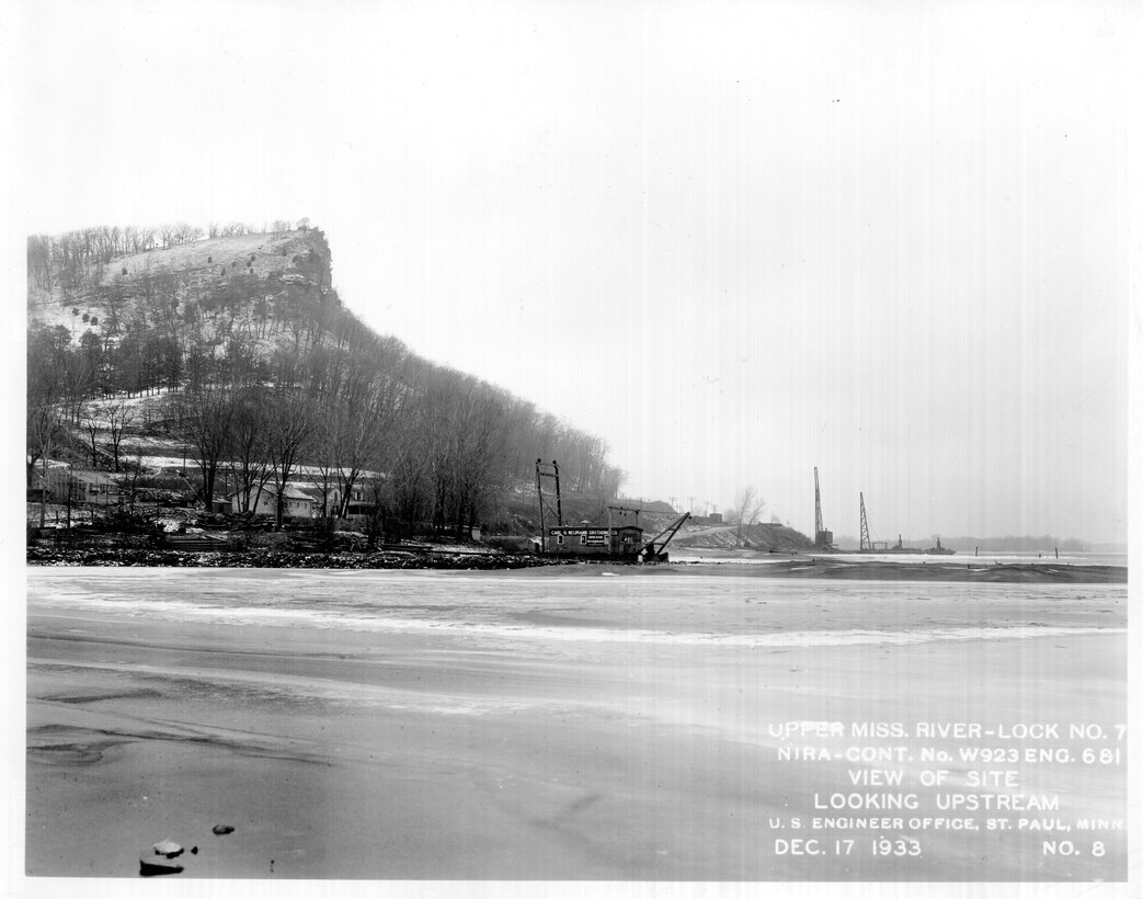 Upper Mississippi River, Construction of Lock and Dam 7, view of site looking upstream. Photo taken Dec. 17, 1933.