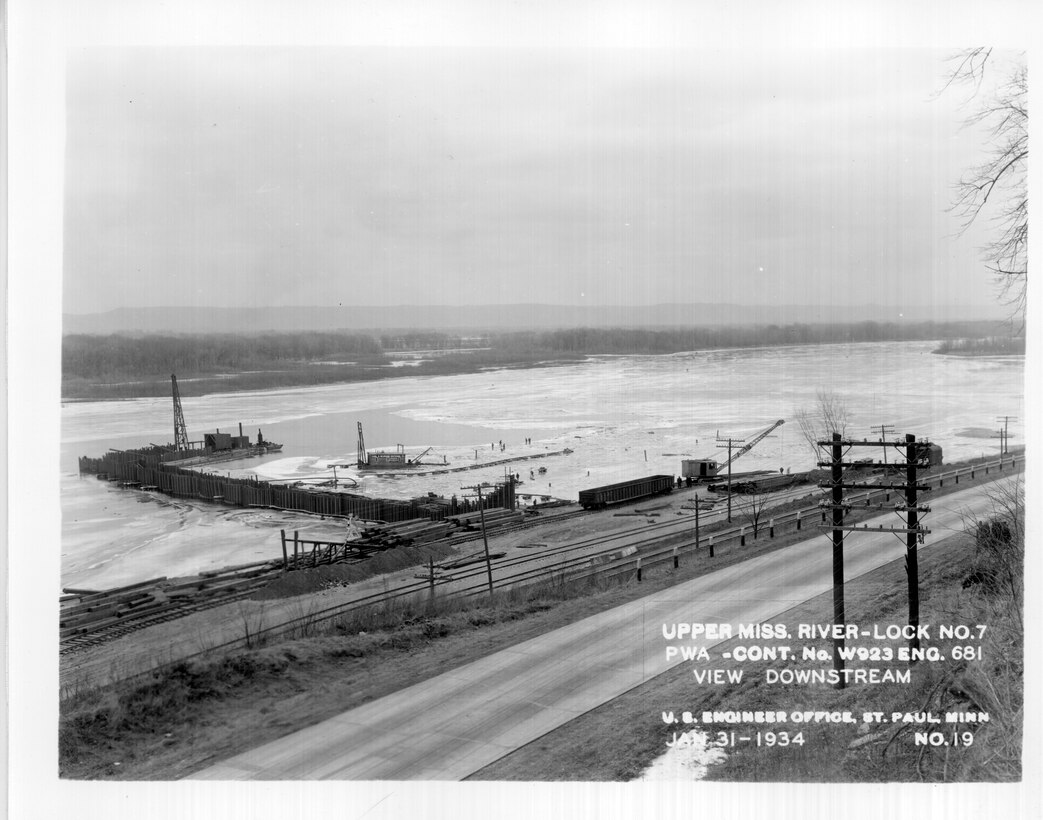 Construction of Lock and Dam 7 on the Upper Mississippi River in La Crescent, Minn., Jan. 31, 1934. View downstream.