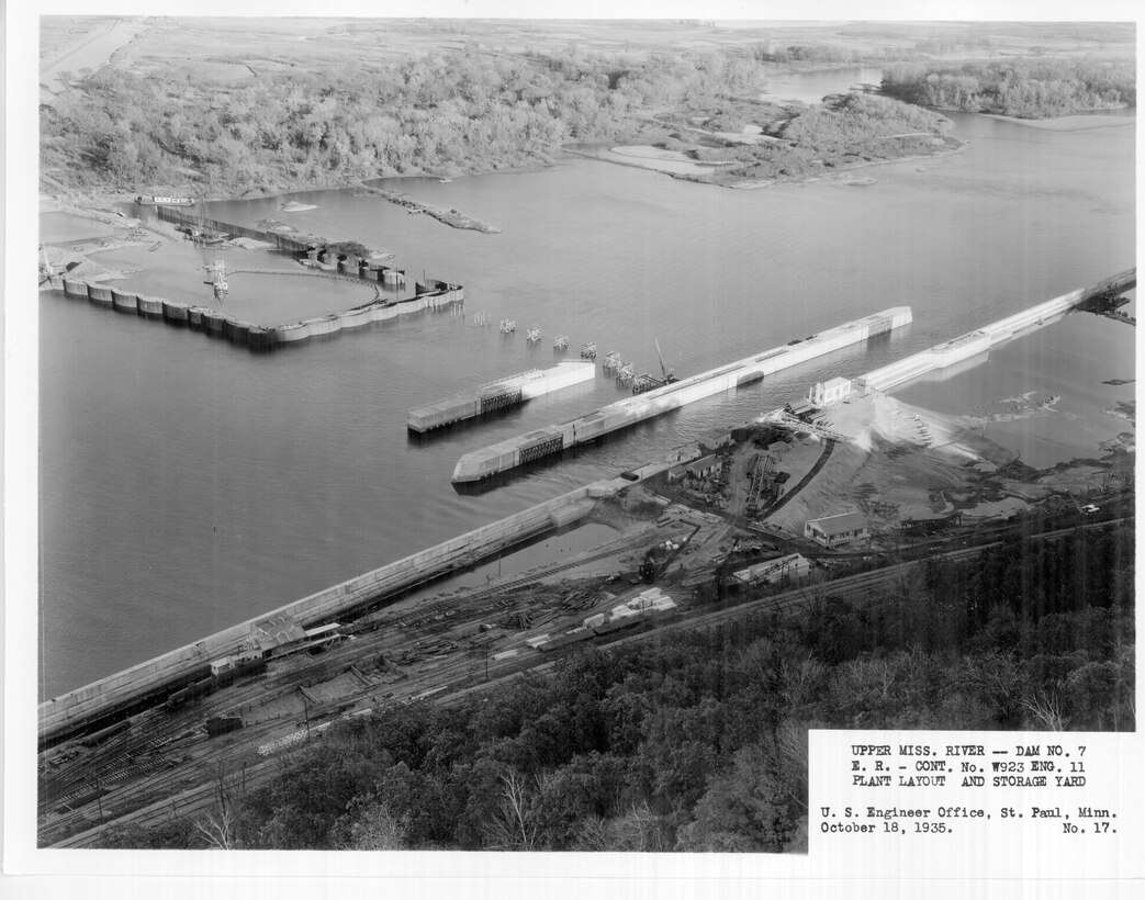 Construction of Lock and Dam 7 on the Upper Mississippi River in La Crescent, Minn., Oct. 18, 19335. Plant layout and storage yards.