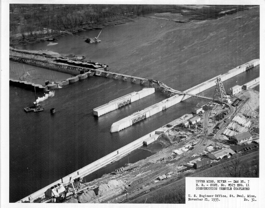 Construction of Lock and Dam 7 on the Upper Mississippi River in La Crescent, Minn., Nov. 21, 1935. Construction trestle completed.