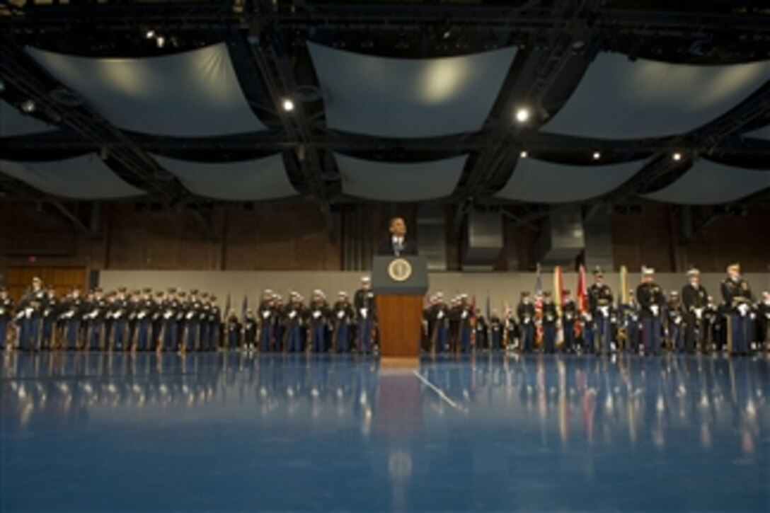 President Barack Obama speaks during an armed forces farewell tribute in honor of Secretary of Defense Leon E. Panetta at Joint Base Meyer-Henderson Hall, Va., on Feb. 8, 2013.  Panetta is stepping down as the 23rd secretary of defense.  