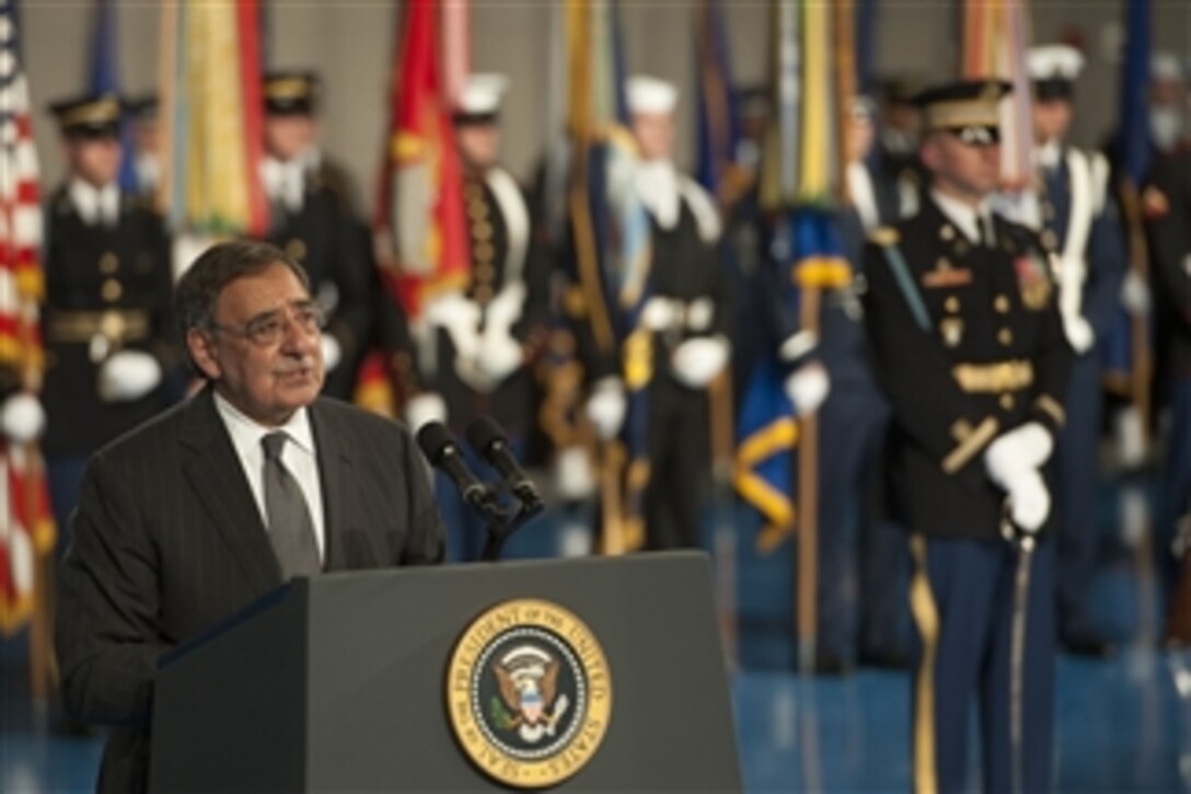 Secretary of Defense Leon E. Panetta speaks at the armed forces farewell tribute held in his honor at Joint Base Meyer-Henderson Hall, Va., on Feb. 8, 2013.  Panetta is stepping down as the 23rd secretary of defense.  