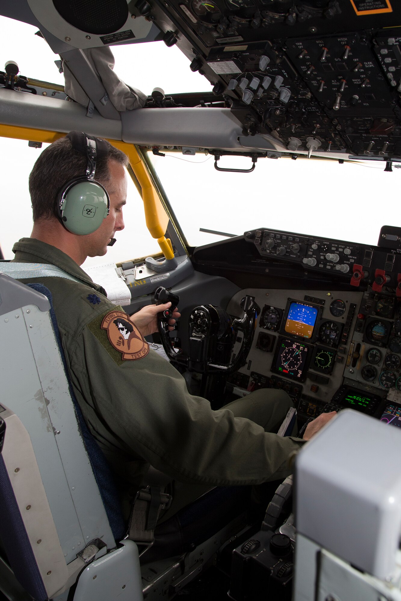 Lt. Col. Christopher Spinelli, 445th Flight Test Squadron commander, pilots a KC-135 Jan. 25. Spinelli recently became dual qualified with the Stratotanker along with the F-16 Fighting Falcon, which is his primary airframe. (U.S. Air Force Photo by Chris A. Neill)