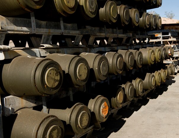 Pallets of Mk-82, 500 pound bombs, are lined up Feb. 11, 2013, in preparation to be built at Nellis Air Force Base, Nev. The bombs will be used for training to give pilots a real world feel for how to deploy the weapon, and the effects on the aircraft after the launch. (U.S. Air Force photo by Tech. Sgt. Taylor Worley)